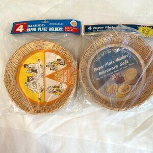 VTG Bamboo Rattan Paper Plate Holders Set Of 8 Wicker Boho Picnic Party Camping